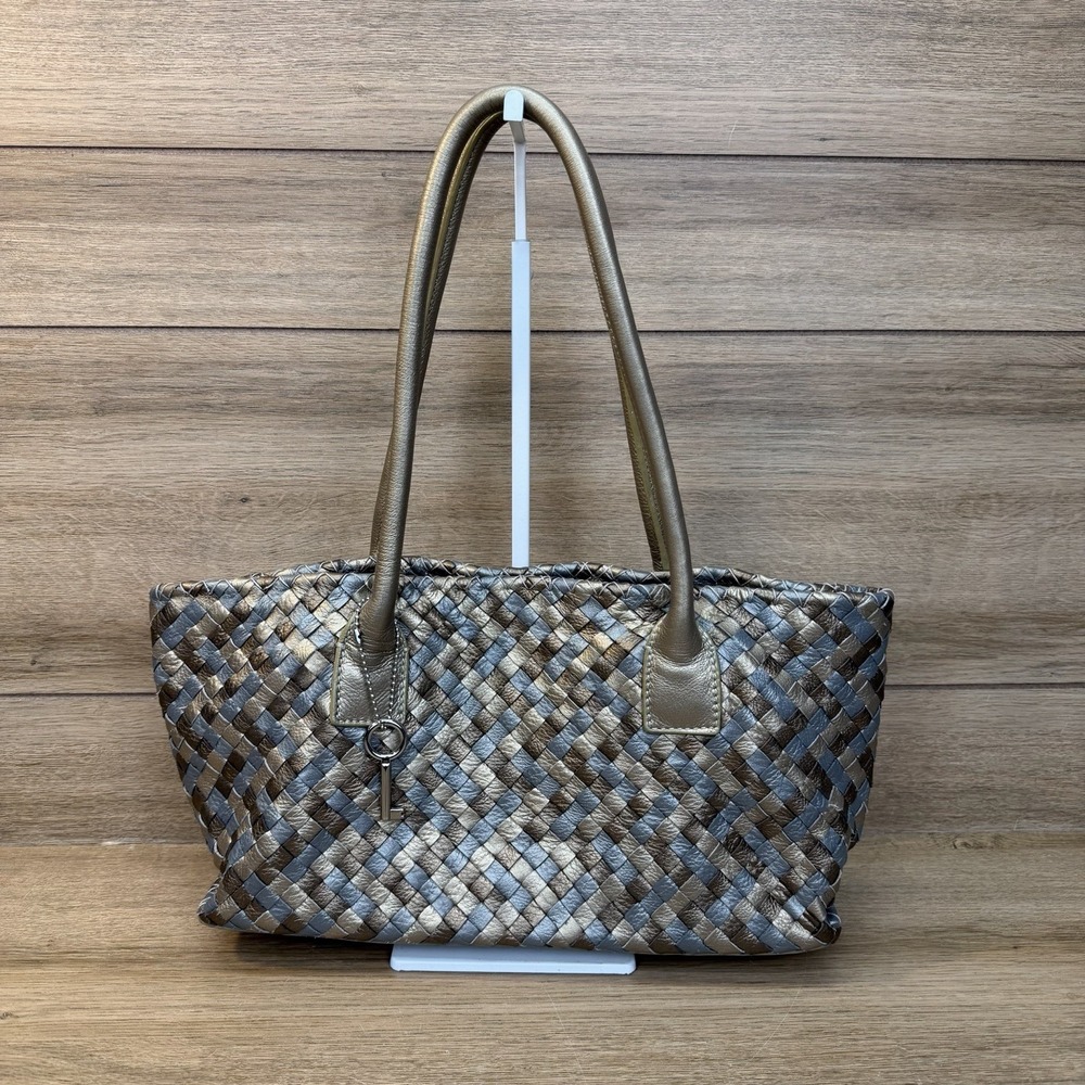 Fossil Maddox Metallic Braided Weave Leather Shoulder Bag Tote Charm Slouchy Key